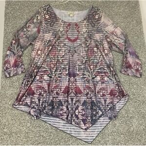 One World Tunic XL Purple Silver Shimmer V-Neck Boho Artsy Y2K Top